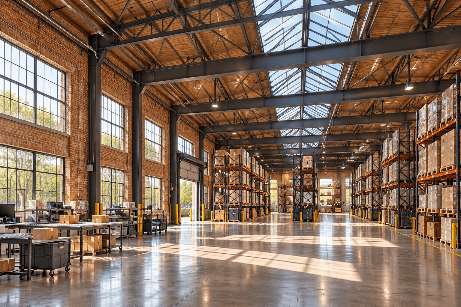 AI-generated illustration of an industrial warehouse interior with brick walls and storage racks